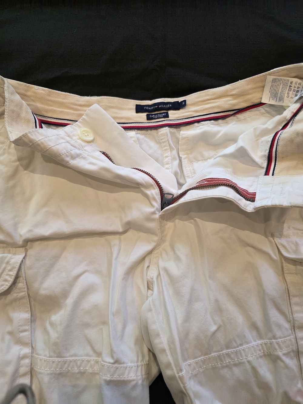 Tommy Hilfiger White Cargo Shorts with Red and Navy Waistband